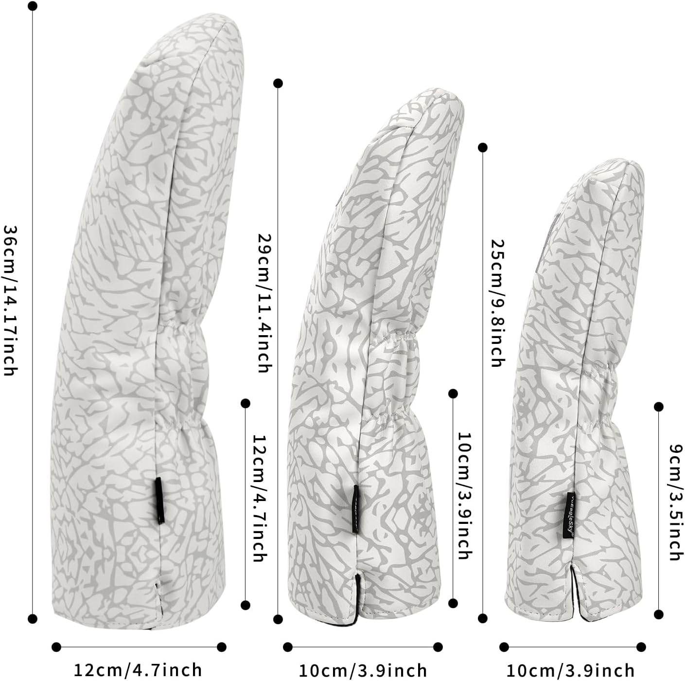 Golf Driver Head Covers 3-Pack for Men & Women - Premium PU Leather with Elephant Embroidery, Double Elastic Band (Driver/Fairway/Hybrid), Waterproof & Durable - White Grey or Black Grey