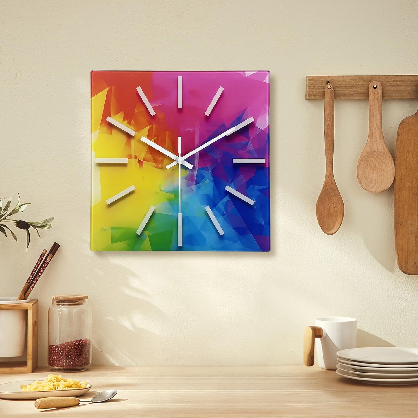 Square Glass Wall Clock Silent Analog Wall Clocks Battery Operated 14 Inch Colorful Wall Clock for Kitchen