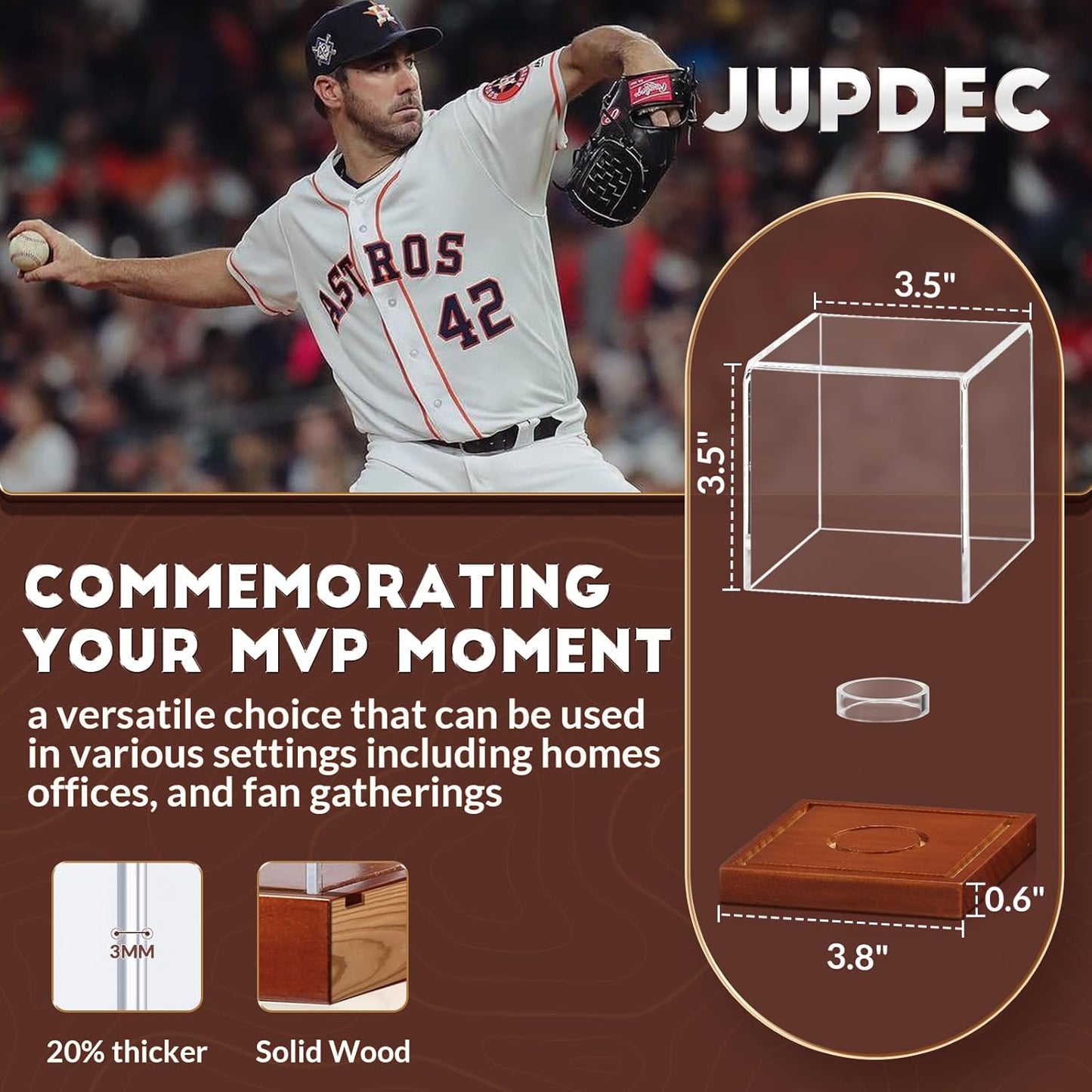 JupDec Baseball Display Case 4 Pack, Clear Cube Baseball Holder with Wooden Base, Autograph Baseball Stand Box for Single Ball, Brown