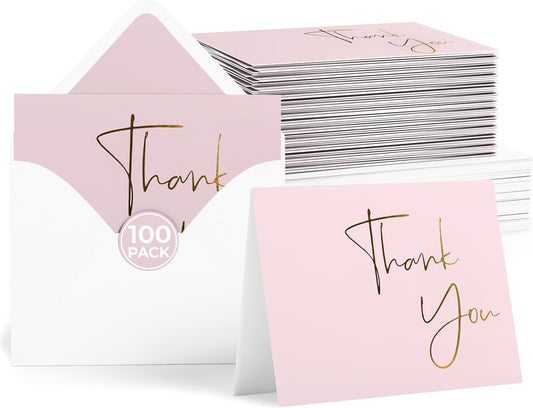 VNS Creations Gold Foil Thank You Cards With Envelopes Bulk Set & Stickers - 100 Pack 4x6 Blank Thank You Notes Box Set - Large Note Card Small Business, Wedding, Baby Shower & Bridal Shower - Lilac