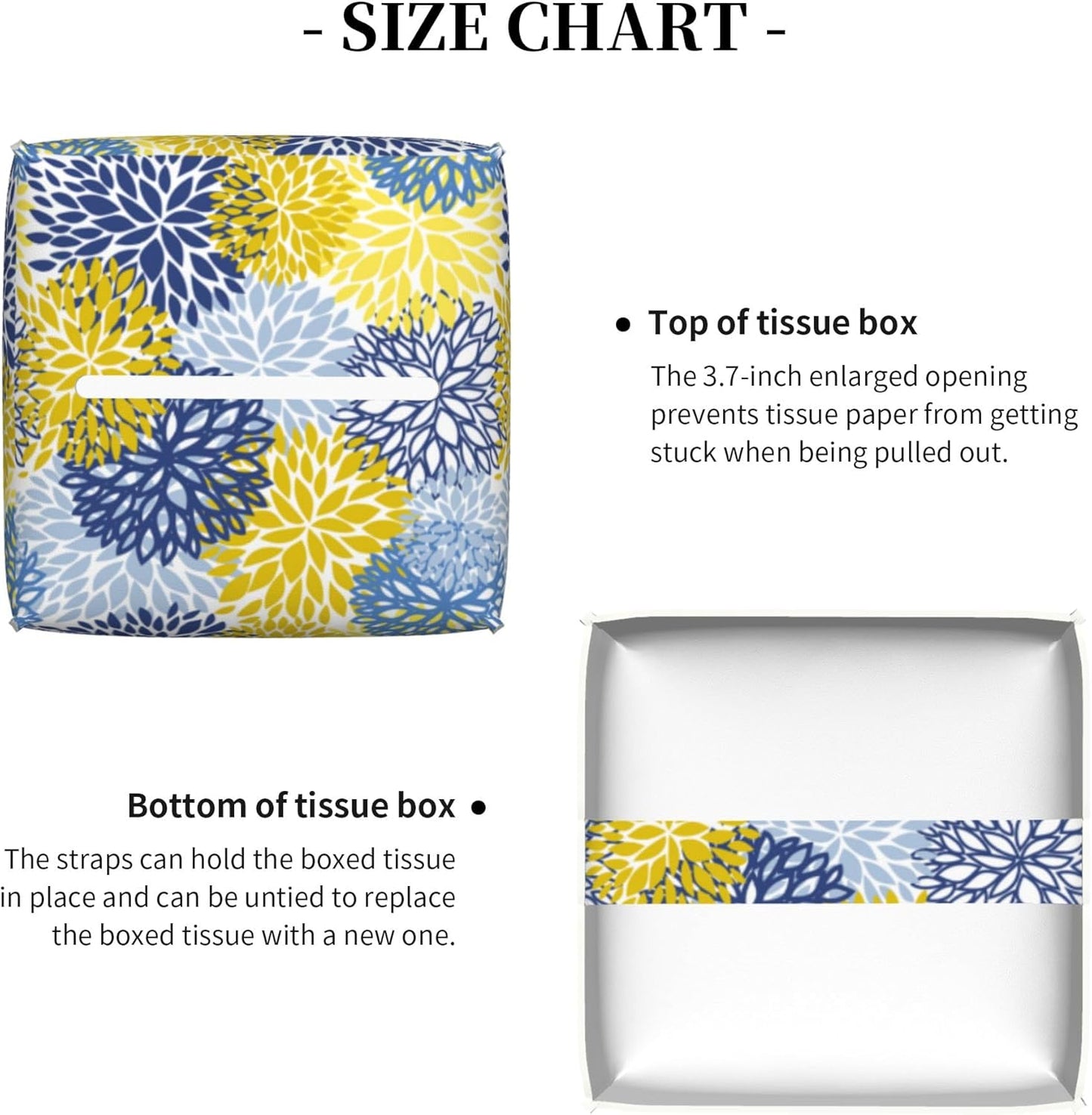 Yellow and Navy Chrysanthemum Flower Tissue Box Cover Leather Tissue Box Holder Square Facial Paper Organizer Dispenser for Bathroom Kitchen Bedroom Vanity Countertop Night Stands