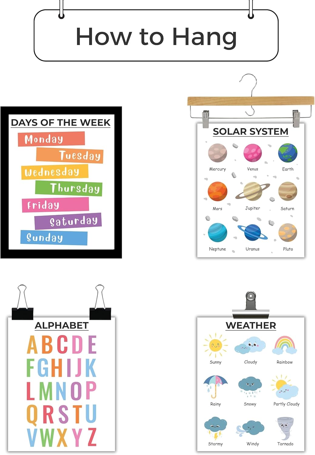 CNTG Design Educational Posters – Set of 9, 8x10 Inch Unframed Wall Art – Alphabet, Numbers, Solar System, Shapes & Classroom Decor for Homeschool (Essential Learning)