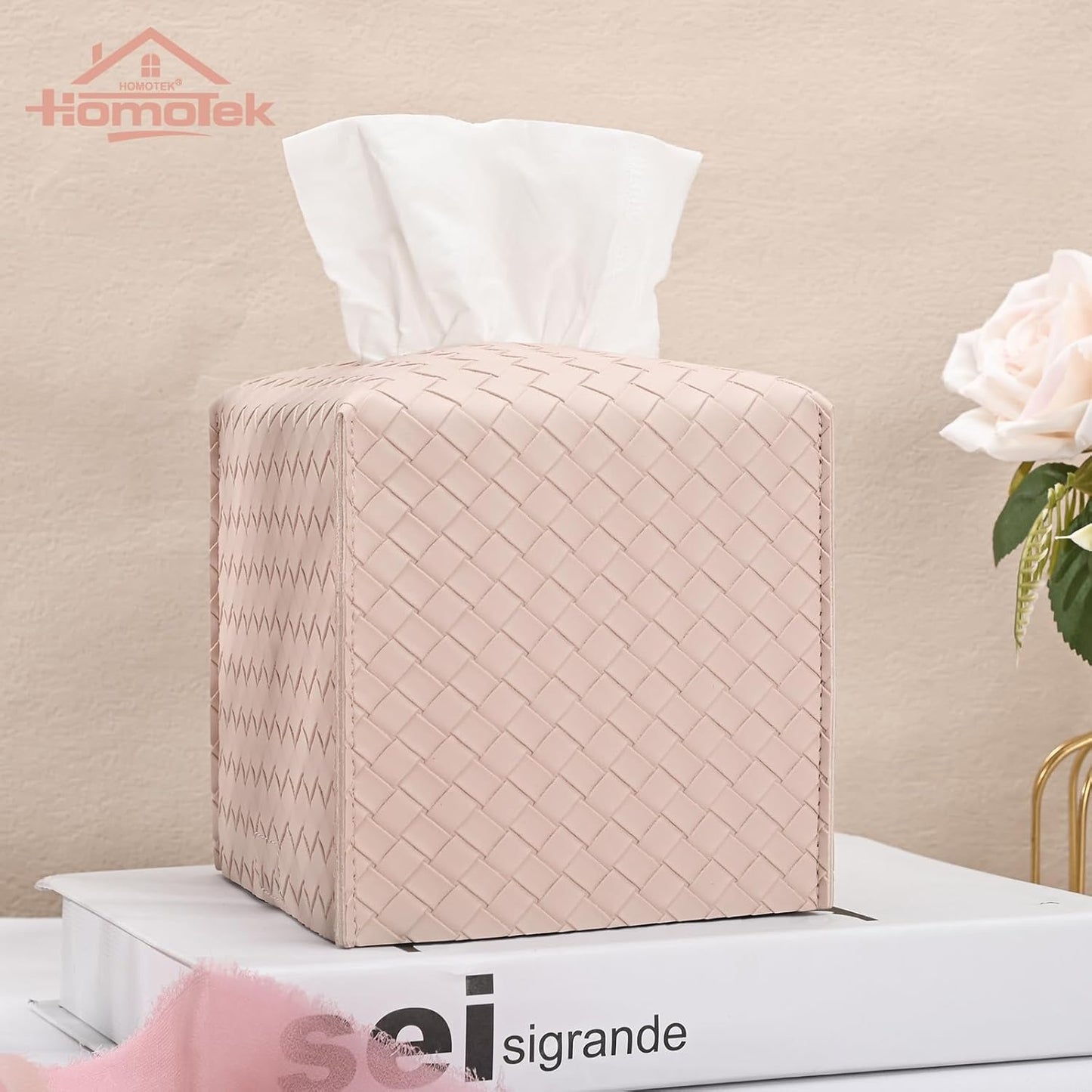 HOMOTEK 2 Pack Tissue Box Cover, Square PU Leather Tissue Holder, Decorative Facial Tissue Cube Paper Organizer Dispenser for Bathroom, Night Stands, Desk, Car 5X5X5'' - Woven Waffle,Macaron Pink