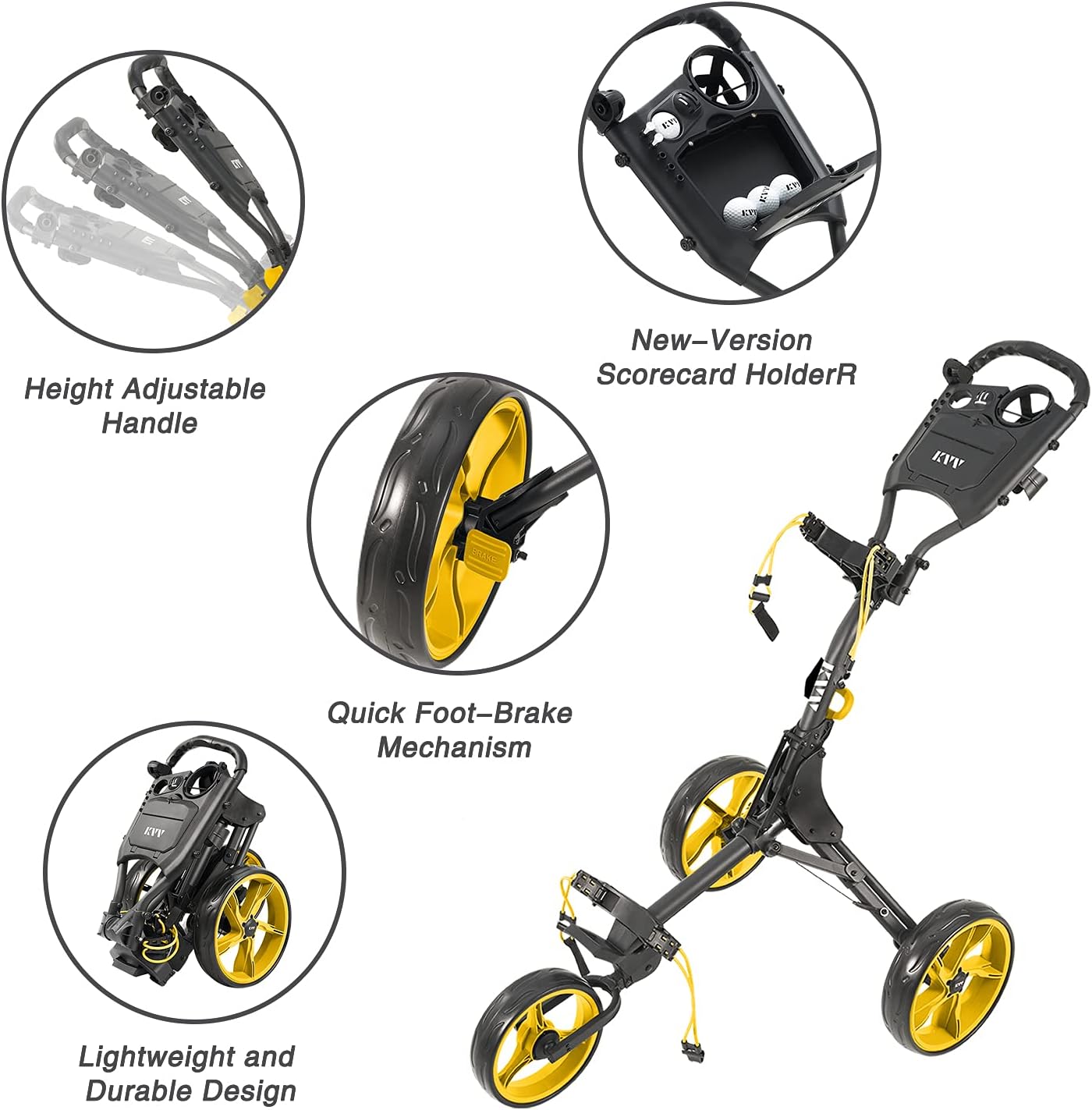 KVV 3 Wheel Golf Push Cart Ultra Lightweight Smallest Folding Size, New-Version Scorecard Holder