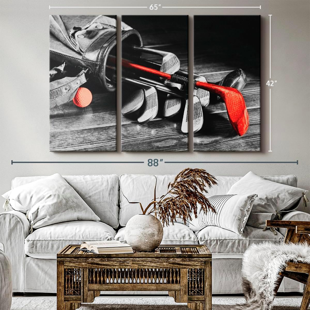 ElephantStock Golf Equipment Pop Wall Art - Horizontal Canvas - 3-Piece Living Room Wall Decor - Photography Sports Canvas Print - Black and Gray Decor for Wall - 65" X 42"