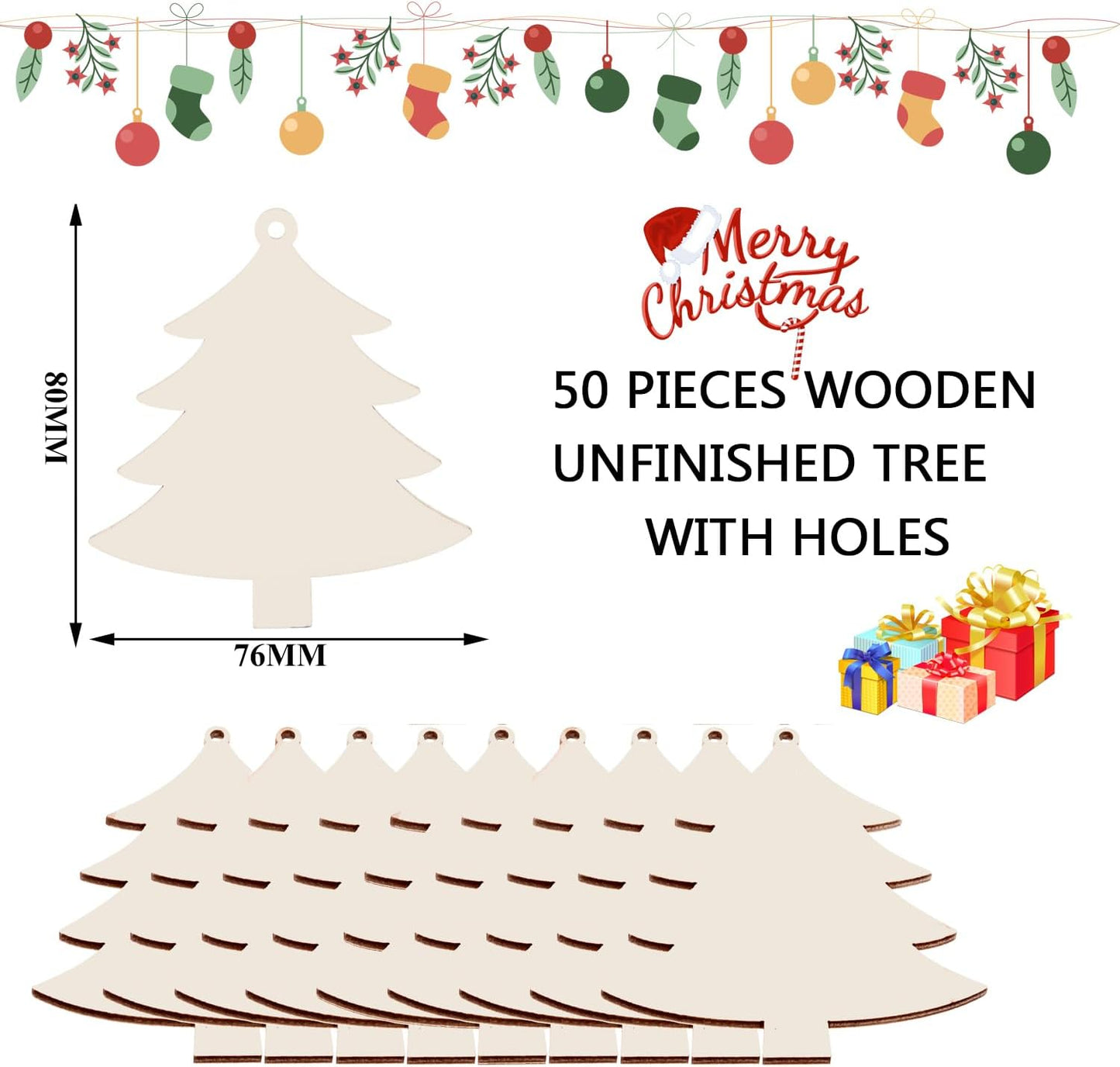 50PCS Unfinished Wood kit with Holes, Wood Slice for DIY Crafts, Blank Tree Wood Cutouts Wooden Tags Ornaments for Sign Gift Tags, Christmas Decorations Outdoor Indoor Decor (Christmas Tree Shape)