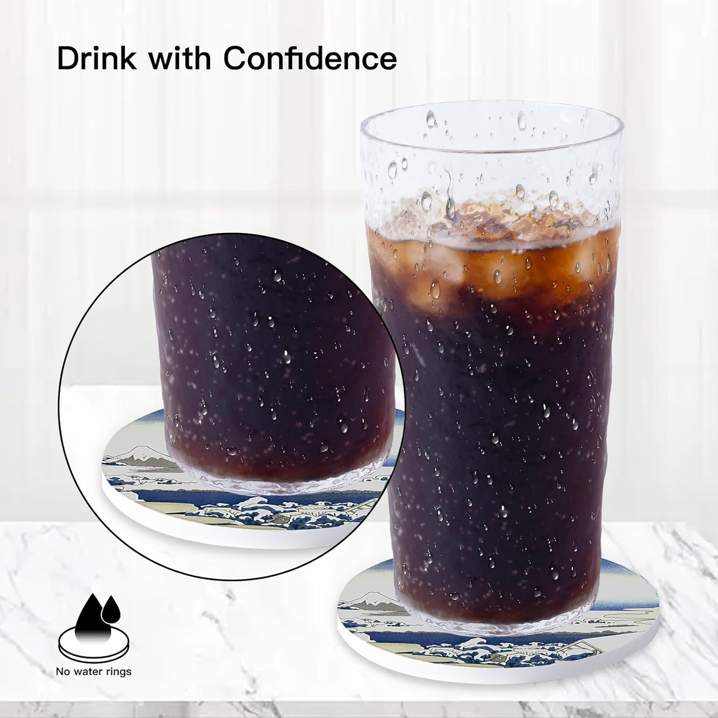 Coasters Absorbent Ceramic Coaster Drink Coasters with Cork Back Japanese Style Ukiyo-e Pattern Set of 6 Round Coaster Non Slip for Coffee Table Wine Glass Home Bar 4 Inch, Colorful