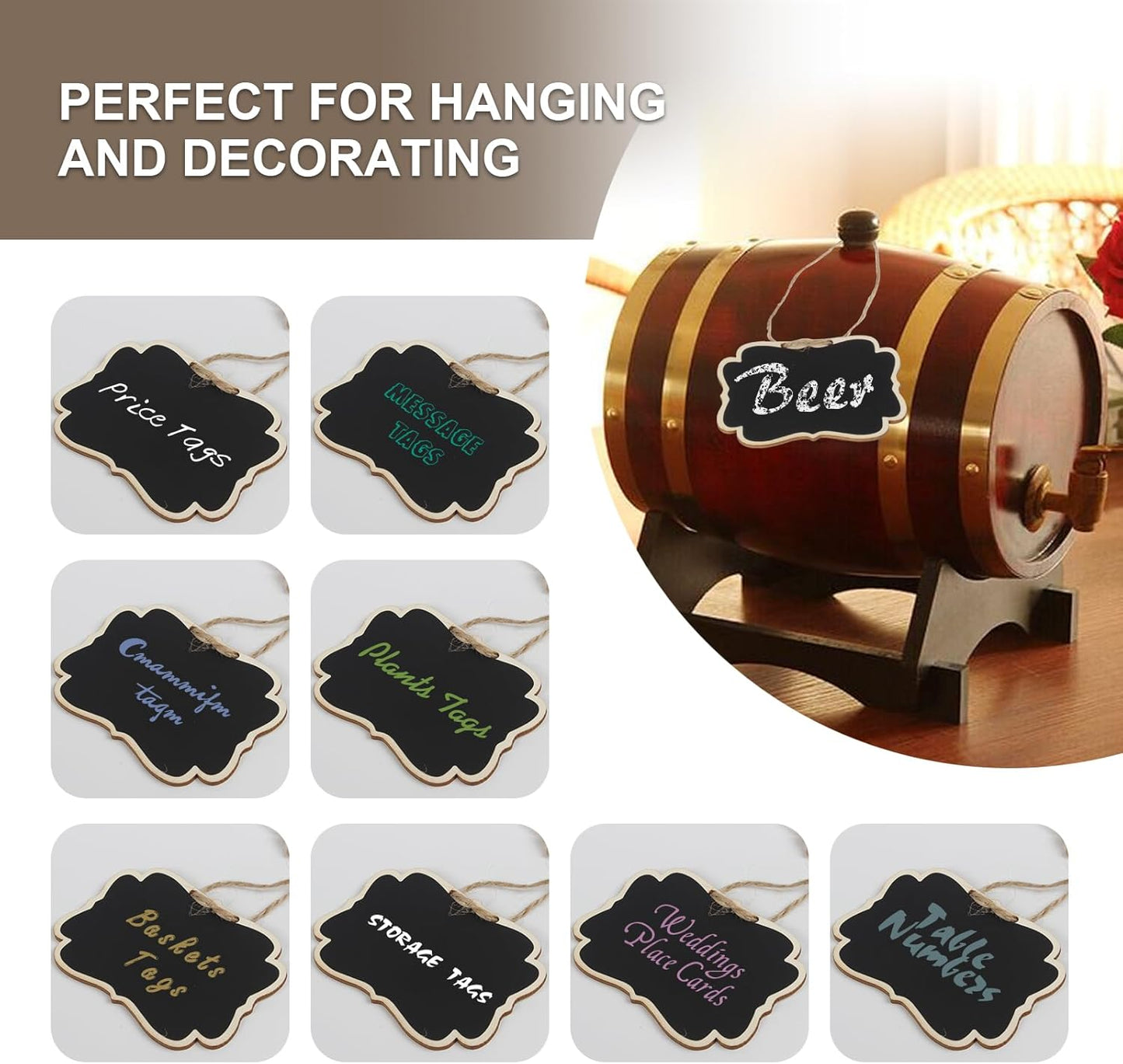 Wooden Mini Hanging Chalkboard Signs for Beverages Dispenser, Price Message Chalkboard Tags with String, Double-Sided Little Labels for Party Event Decorations, Table Numbers, 3.5x2.5, 24 Pack