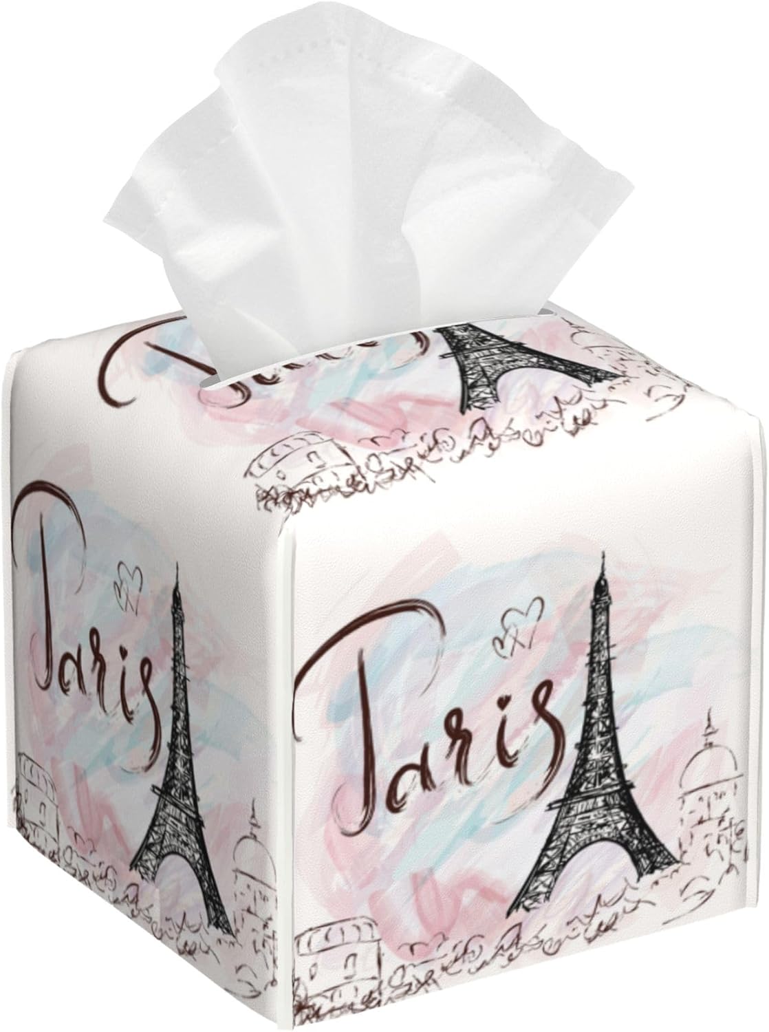 Tissue Box Cover Square,Paris Eiffel Tower Tissue Box Holder Waterproof Leather Facial Paper Case Modern Home Decoration for Bedroom Dresser Night Stand Office Desk