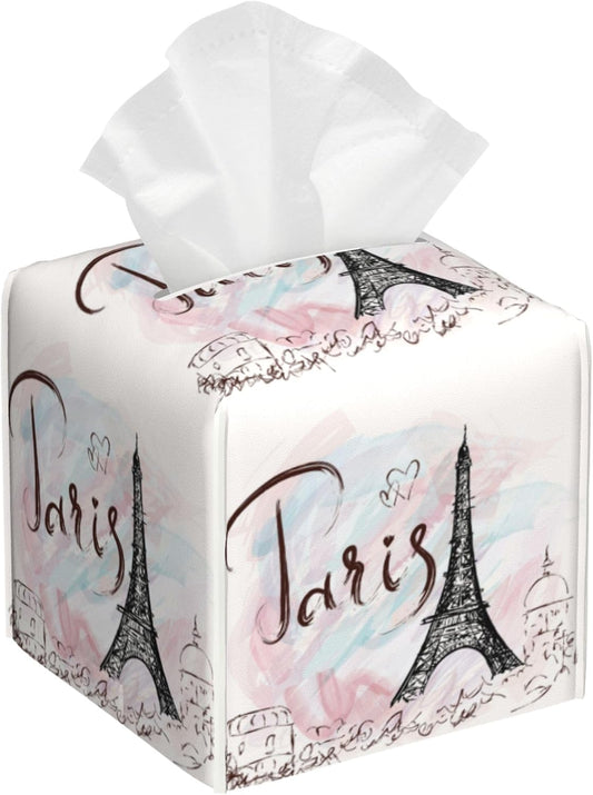 Tissue Box Cover Square,Paris Eiffel Tower Tissue Box Holder Waterproof Leather Facial Paper Case Modern Home Decoration for Bedroom Dresser Night Stand Office Desk