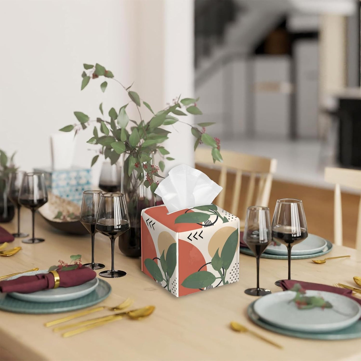 Tissue Box Cover Square,Geometric Modern Art Tissue Box Holder Waterproof Leather Facial Paper Case Modern Home Decoration for Bedroom Dresser Night Stand Office Desk