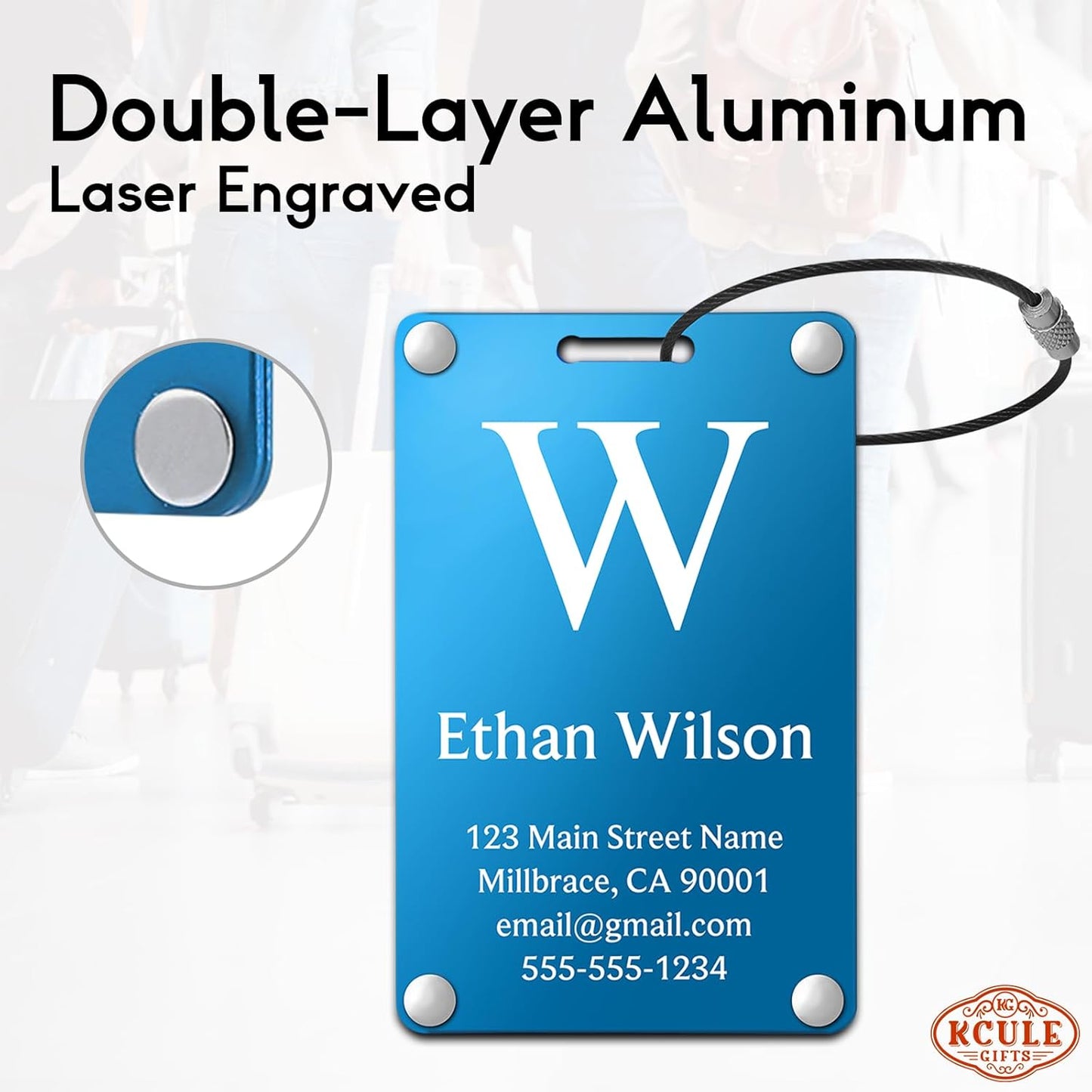 Personalized Luggage Tags: Custom Metal Luggage Tags for Suitcases, Backpacks and Bags with Your Personalized Text (Blue)