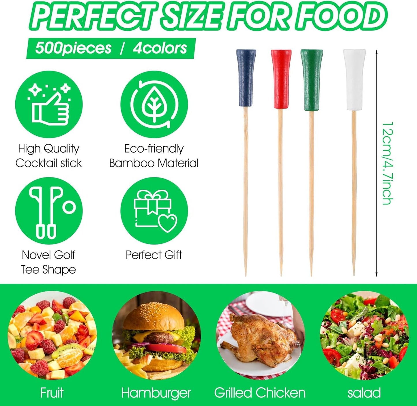 500 Pcs 4.7 Inch Golf Tee Picks for Appetizers Golf Toothpicks Decorative Golf End Sports Bamboo Fruit Sandwich Cocktail Picks for Golf Party Decoration Supplies Catered Events (Multicolor)