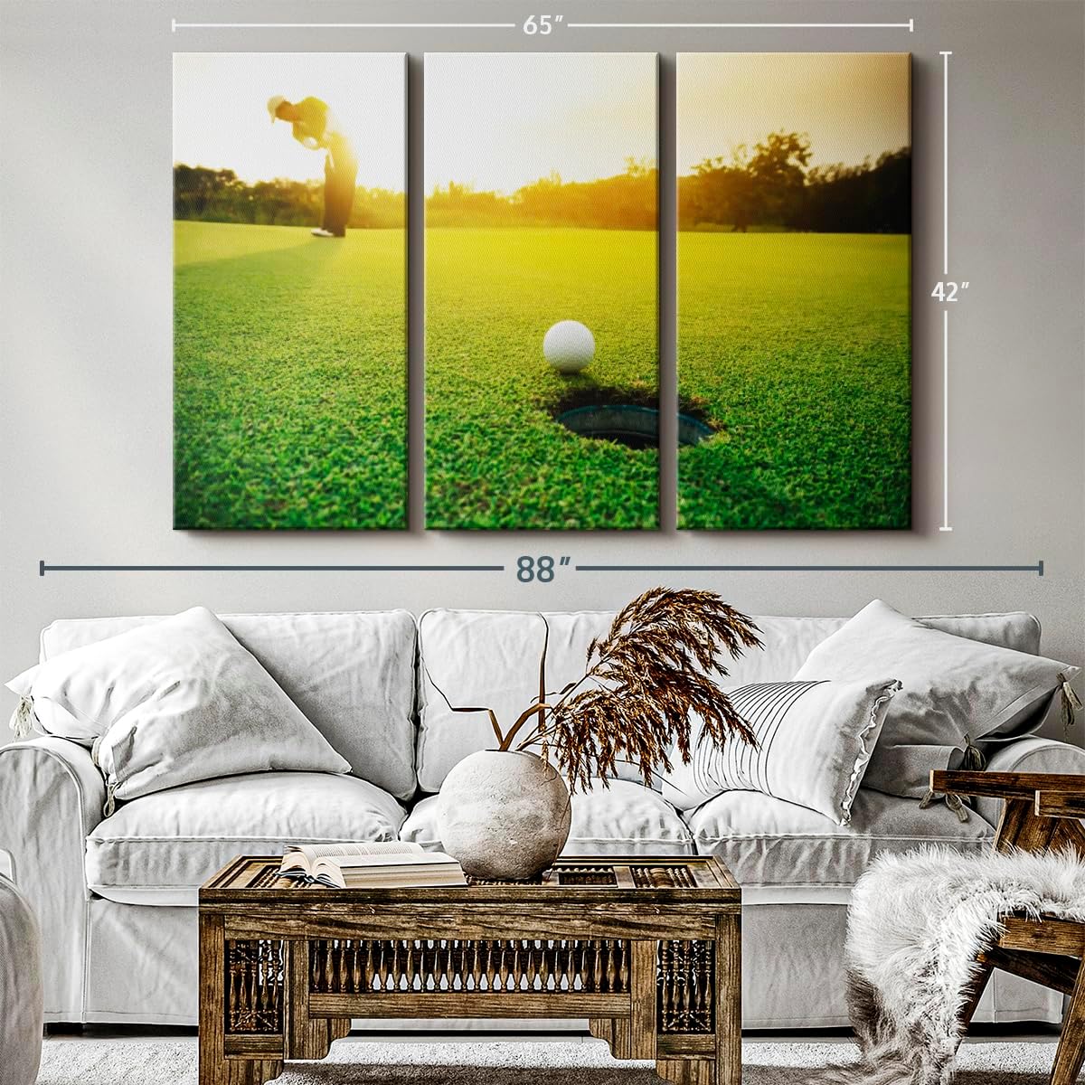 ElephantStock Golf Ball Strike Wall Art - Horizontal Canvas - 3-Piece Living Room Wall Decor - Photography Sports Canvas Print - Green and White Decor for Wall - 65" X 42"