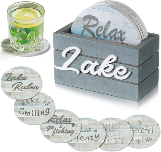 Queekay 6 Set Lake Theme Coasters with Holder for Drinks, Lake Lovers House Gifts, 4'' Wooden Coasters with Sayings Housewarming Gifts for Home Bar Coffee Table Decorations(Stylish Color)