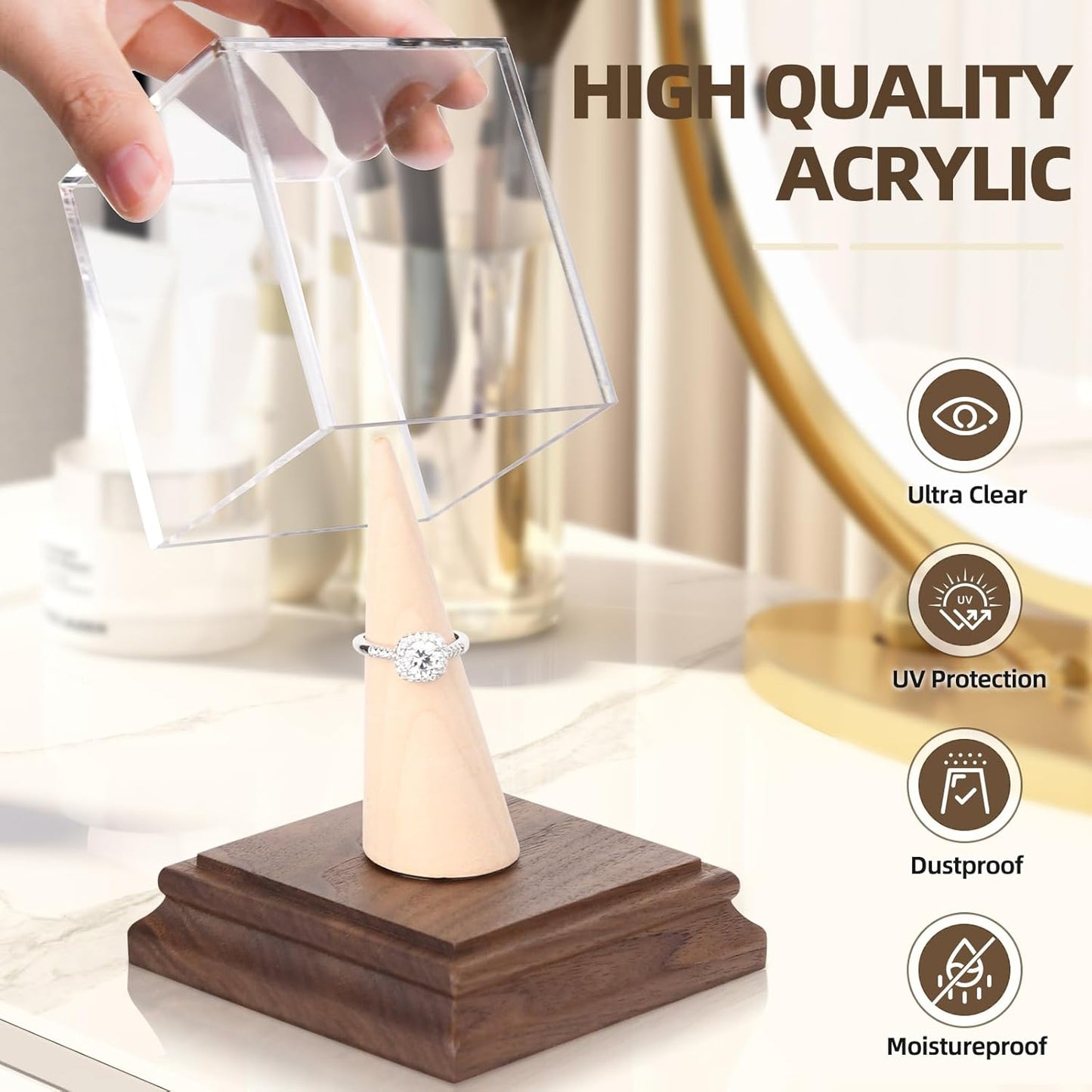 Championship Ring Display Case Baseball Softball Football Ring Holder Wanult Wood Base Acrylic Sports Ring Display Case Stand for Men Wooden Ring Box for Women Memorabilia Showcase Cube Collectibles