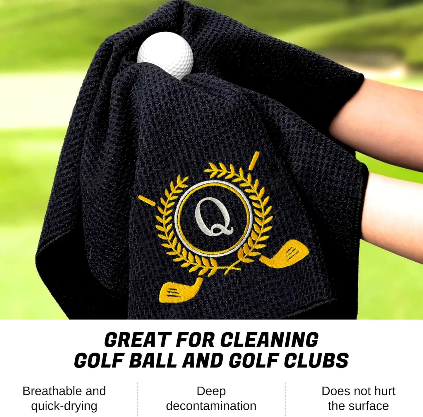 Personalized Golf Towels for Golf Bags - Microfiber Monogrammed Golf Towels for Men/Women, Retractable Brush Tool Kit with Club Groove Cleaner, Custom Golf Accessories for Golfers (Initial Q)