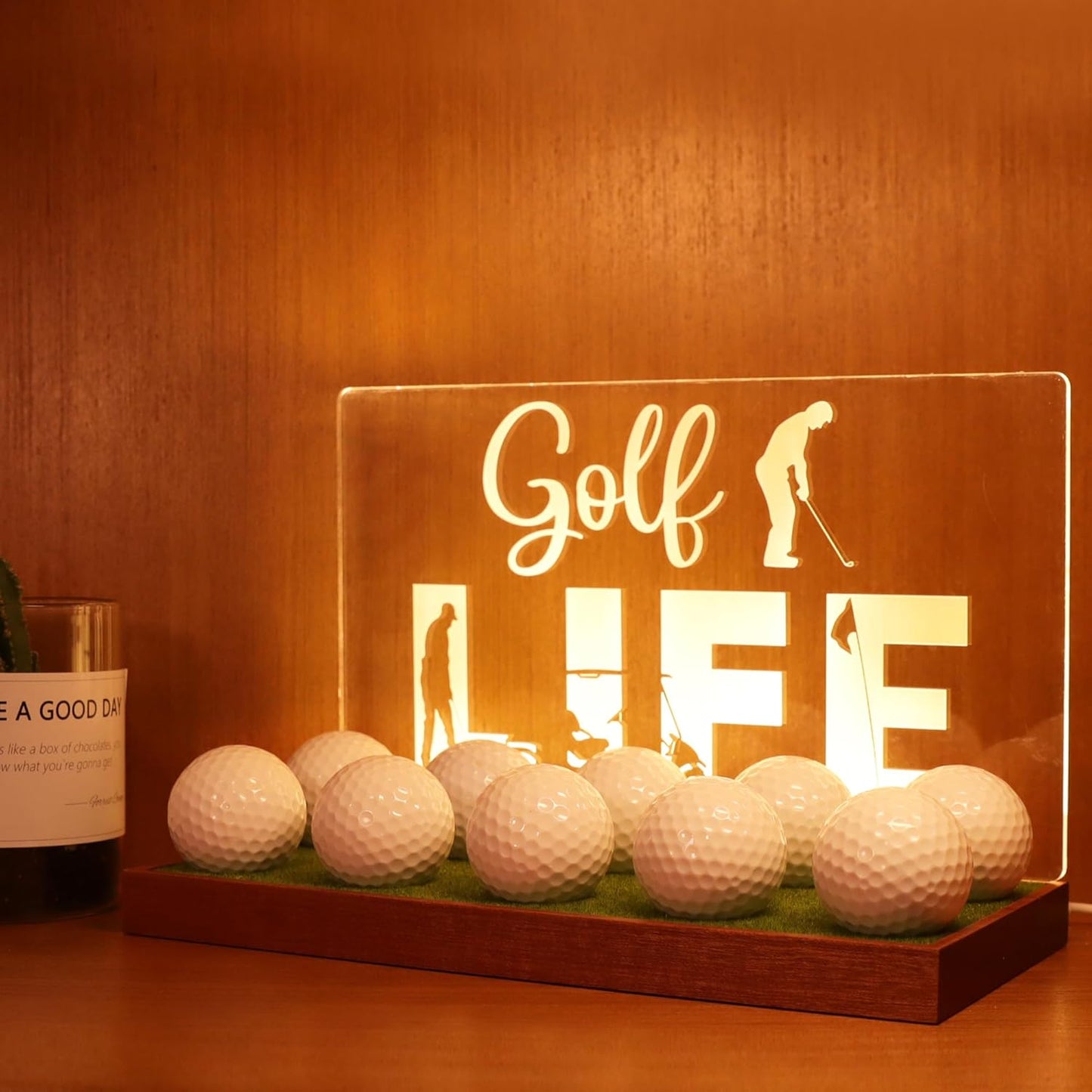 Golf Ball Display Case, CoolGift Mart Light Up Golf Ball Holder for Display and Storage, Wooden Acrylic Accessories with Warm White Color Lights , Room Decor, Gift for Golfers