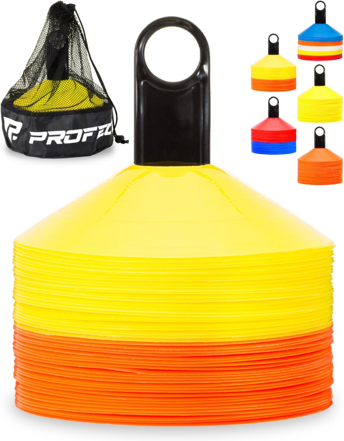 Pro Disc Cones (Set of 50) - Agility Soccer Cones with Carry Bag and Holder for Sports Training, Football, Basketball, Coaching, Practice Equipment, Kids - Includes 15 Best Cone Drills Book