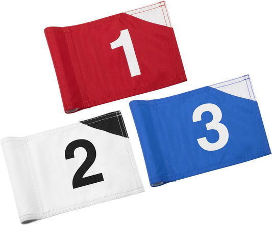 KINGTOP Numbered Golf Flag 8x6 Inch – Premium Dual-layer 420D Nylon, Double Sided Printing, Tube Inserted – Mini Practice Putting Green Flags for Yard, Mixed Color #1-3