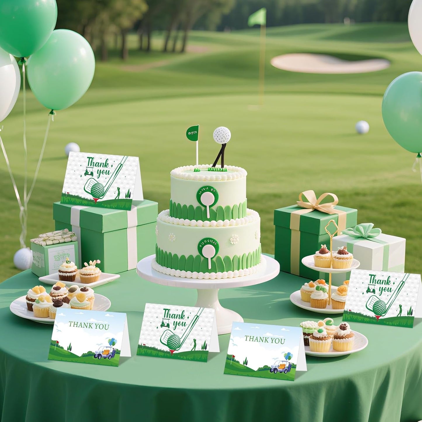 NEWEST 24 Pieces Golf Thank You Cards, 2 Design Golf Greeting Card with Envelopes & Stickers Green White Golf Blank Note Cards for Sports Theme Birthday Baby Shower Retirement Party Favors
