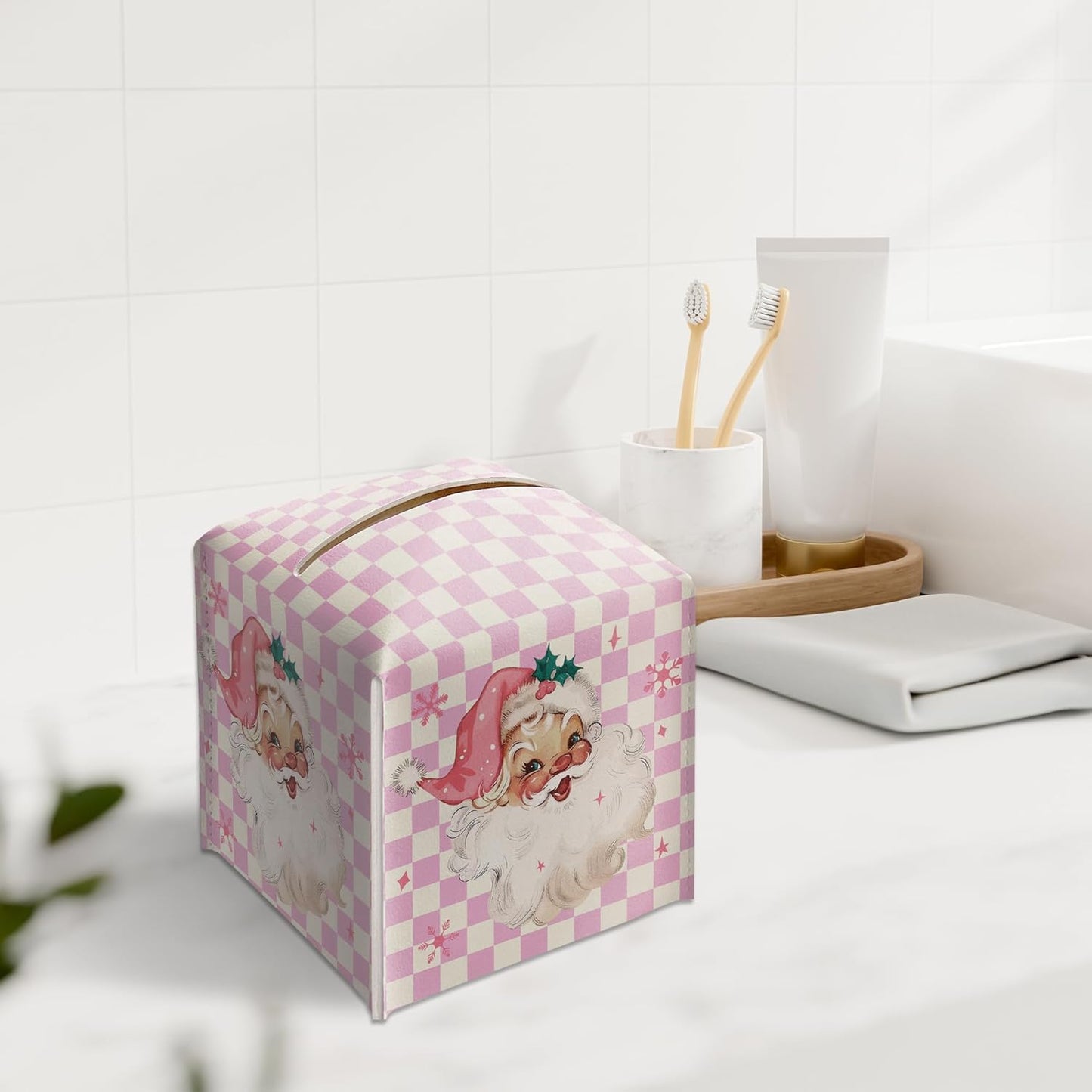 Merry Christmas Tissue Box Holder, Santa Claus Pink Checkered Leather Tissue Box Cover Square, Paper Facial Decorative Tissues Cover for Night Stands Bathroom Office Home Decor-B09