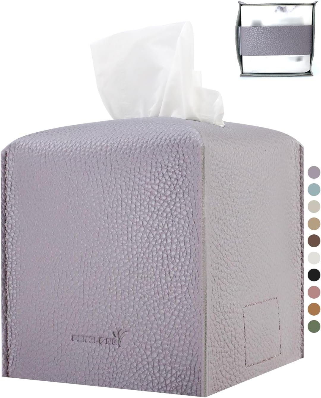 Tissue Box Cover 5X5X5'' PU Leather Tissue Holder Square Tissue Cube Box Organizer for Bathroom Vanity Countertop, Car, Night Stands, Office, Home, Kitchen (1Pack, Light Bray Purple)
