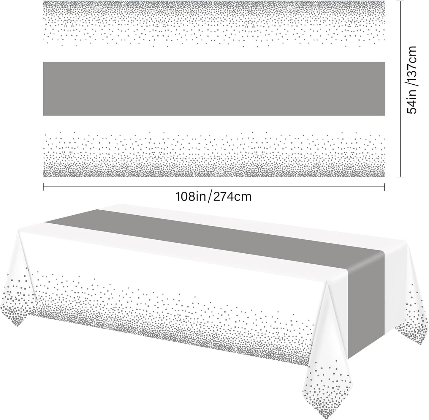 6 Pack Rectangle Plastic Dot Tablecloth Set, 54 X 108 Inch Plastic Table Cover, 12 x 108 Inch Satin Table Runners for Wedding Graduation Birthday New Year Party Decorations (White, Sliver)
