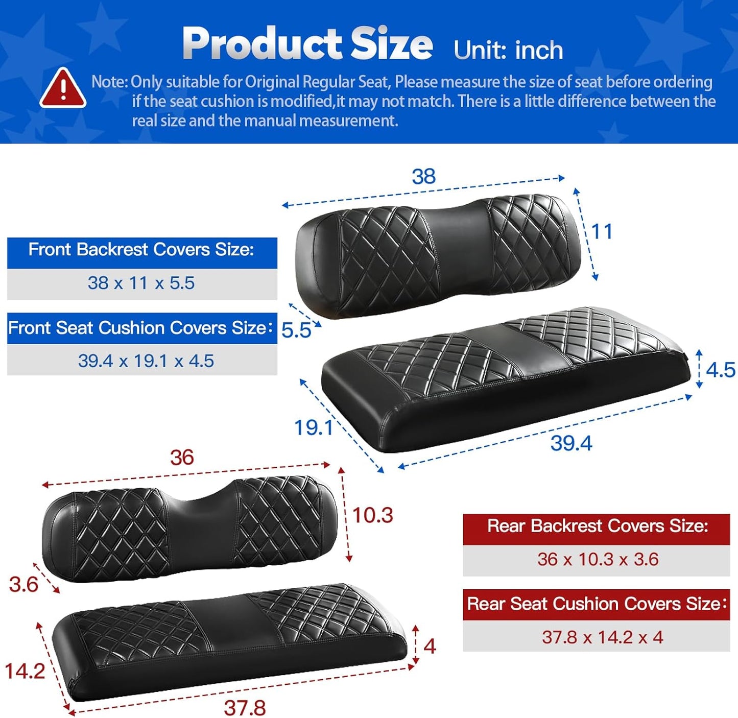 NOKINS 4PCS Golf Cart Diamond Seat Covers Kit, Front and Rear Seat Covers Fits Club Car DS 2000.5-Up Standard Seat Cushion, Club Car DS Vinyl Seat Covers Accessories(Black&Black Stitching)