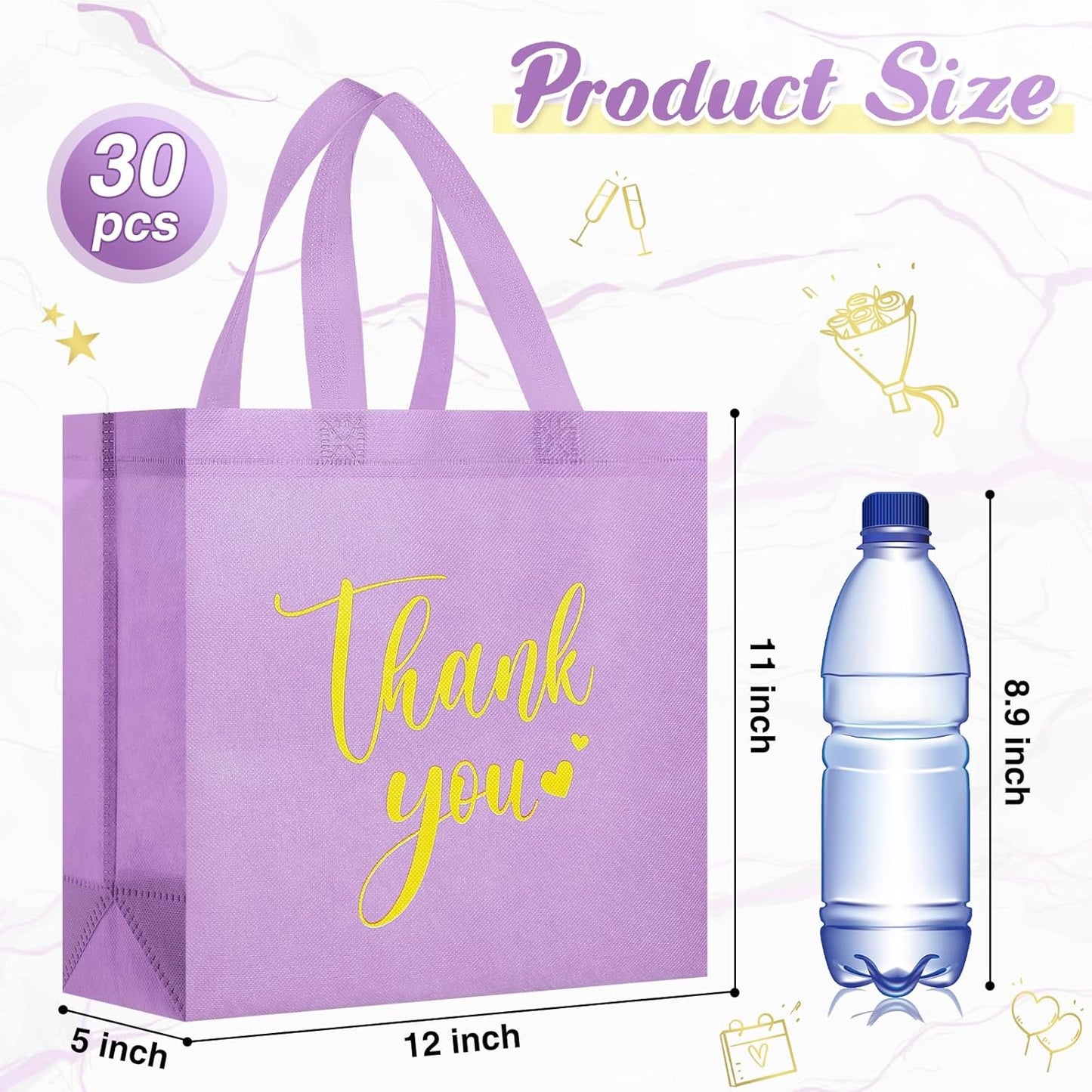 Sweetude 30 Pcs Thank You Gift Bags with Handles Bulk Reusable Goodie Bag Non Woven Foldable Handbag for Graduation Wedding Bridesmaid Gifts(11 x 12 x 5 Inch,Purple)