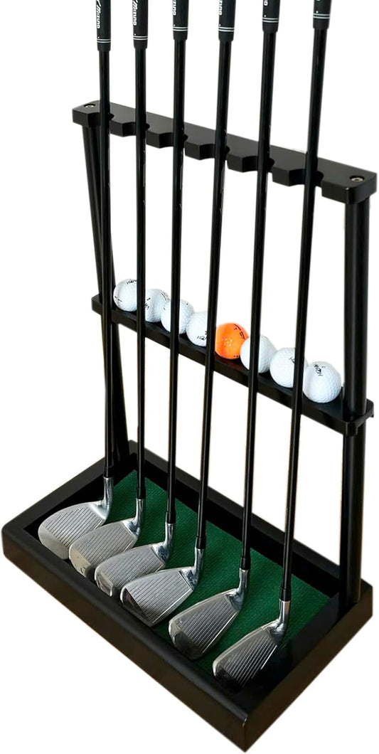 Golf Club Holder Stand, Wooden Golf Putter Stand Floor Display Rack, Golf Club Organizer Hold up to 6 Clubs and Ball Storage, Putter Rack for Indoor Club Simulator or Office
