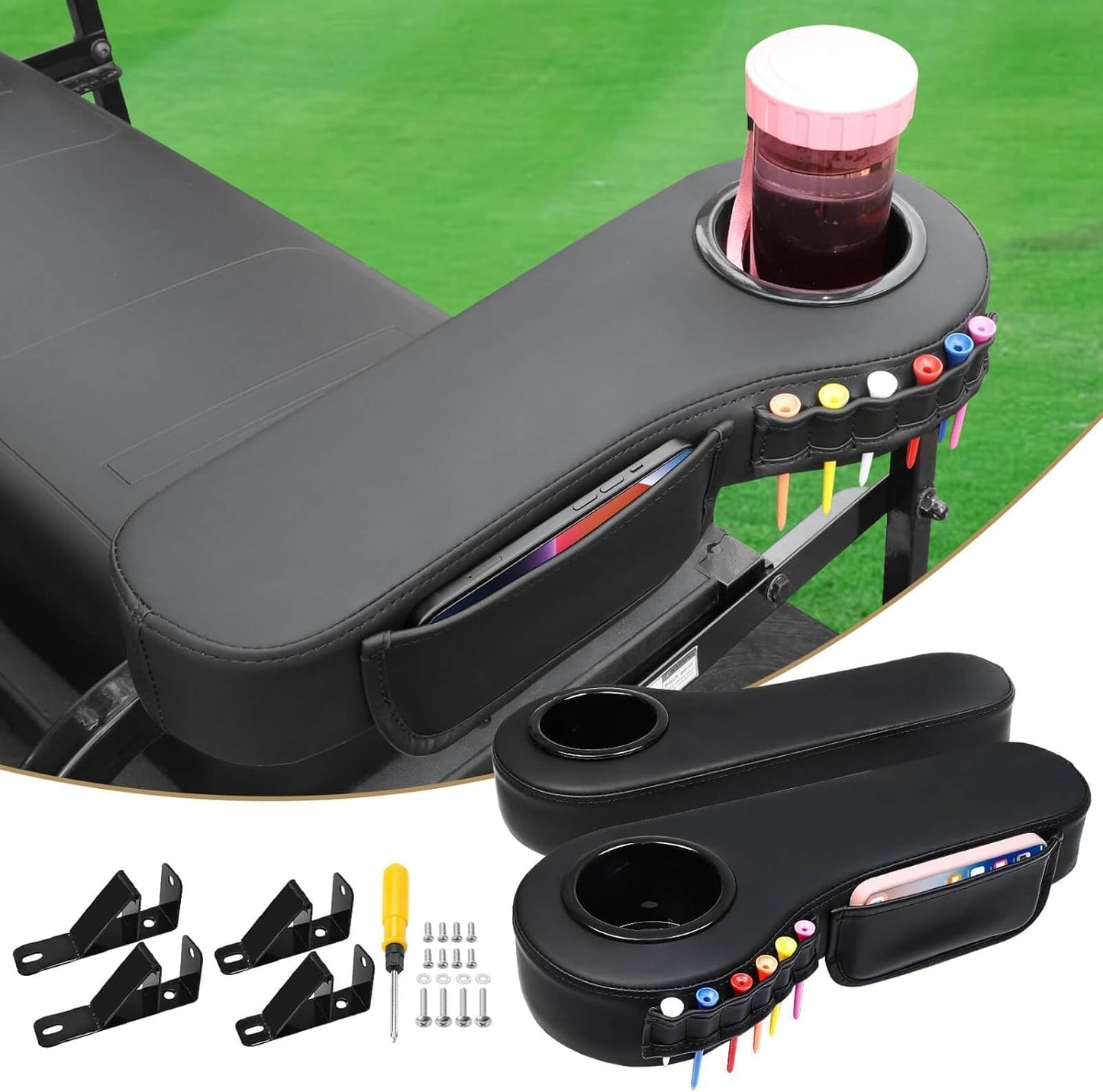 No Drilling Golf Cart Armrest with Cup Holder Phone Bag Golf Tree Holder for Rear Seat, Triangle Support Frame Fits 1" Side Square Tube EZGO Club Car DS Precedent Yamaha Golf Carts Arm Rest