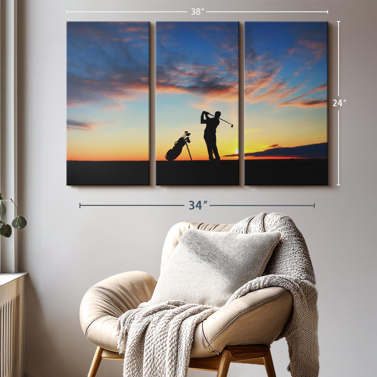 ElephantStock Golfing At Sunset Wall Art - Horizontal Canvas - 3-Piece Living Room Wall Decor - Golf Photography Canvas Print - Black and Orange Decor for Wall - 38" X 24"