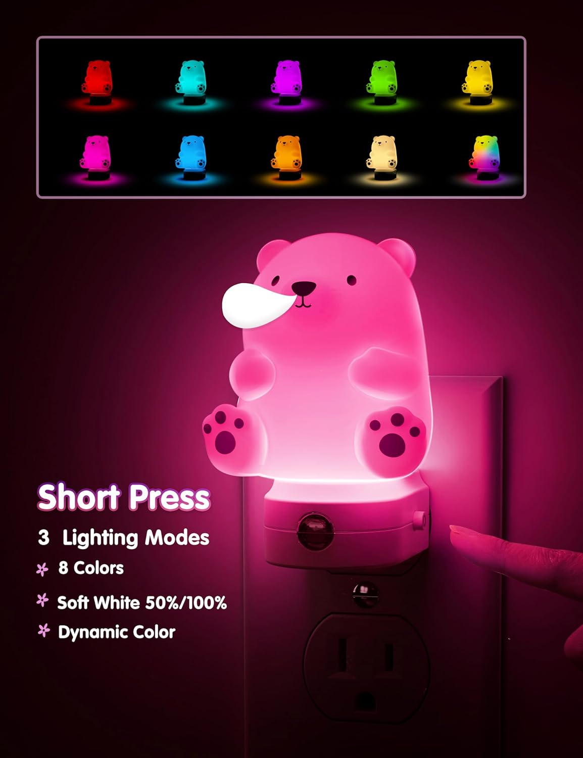 L LOHAS LED Night Light for Kids, 3D Cute Bear Night Light Plug in, Dusk to Dawn Nursery Night Lights, RGB+Soft White 3000K, 3 Lighting Modes, Christmas Birthday Gifts, Room Decor, Children