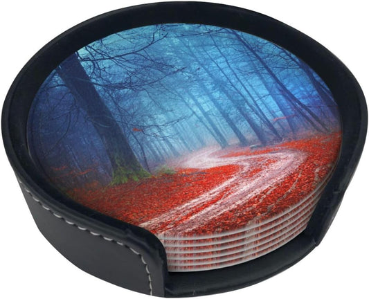 Autumn Forest Misty Road Landscape Coasters for Drinks Round Leather Coaster with Holder Set of 6 for Tabletop Protection Desk Accessories Office Home Room Decor