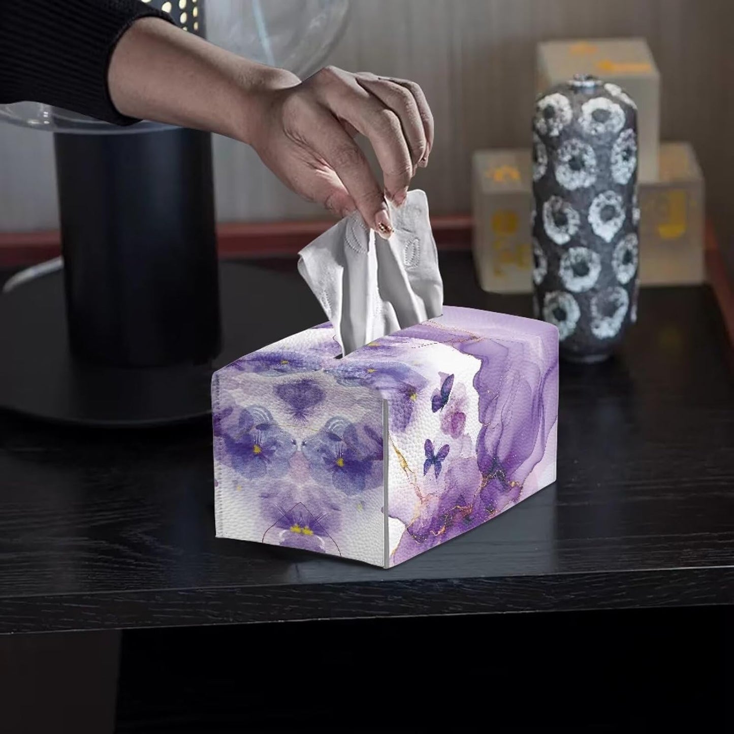 Purple Marble Print Tissue Box Cover Rectangle Marble Floral Tissue Box Cover PU Leather Tissue Cover Decorative Organizer Tissue Box for Home Car Hotel Office Indoor Decorations