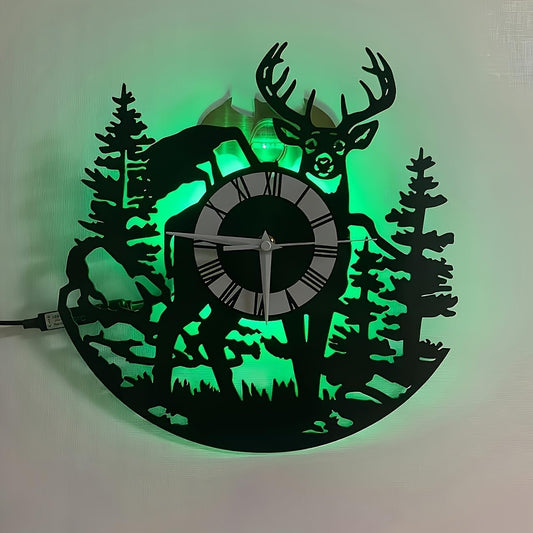LED Backlit Wall Clock, Forest Wildlife Deer Scene, Color-Changing Night Light, 12-inch Roman Numeral Display
