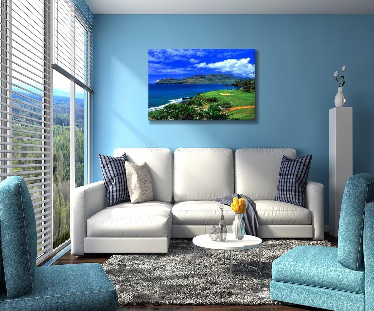 chenchenArt Lagoons Golf Course Wall Art for Living Room Bedroom Bathroom Home Decoration Hawaii Ocean Golf Course Picture Poster Canvas Prints Modern Artwork Framed Ready to Hang(28''H x 44''W)