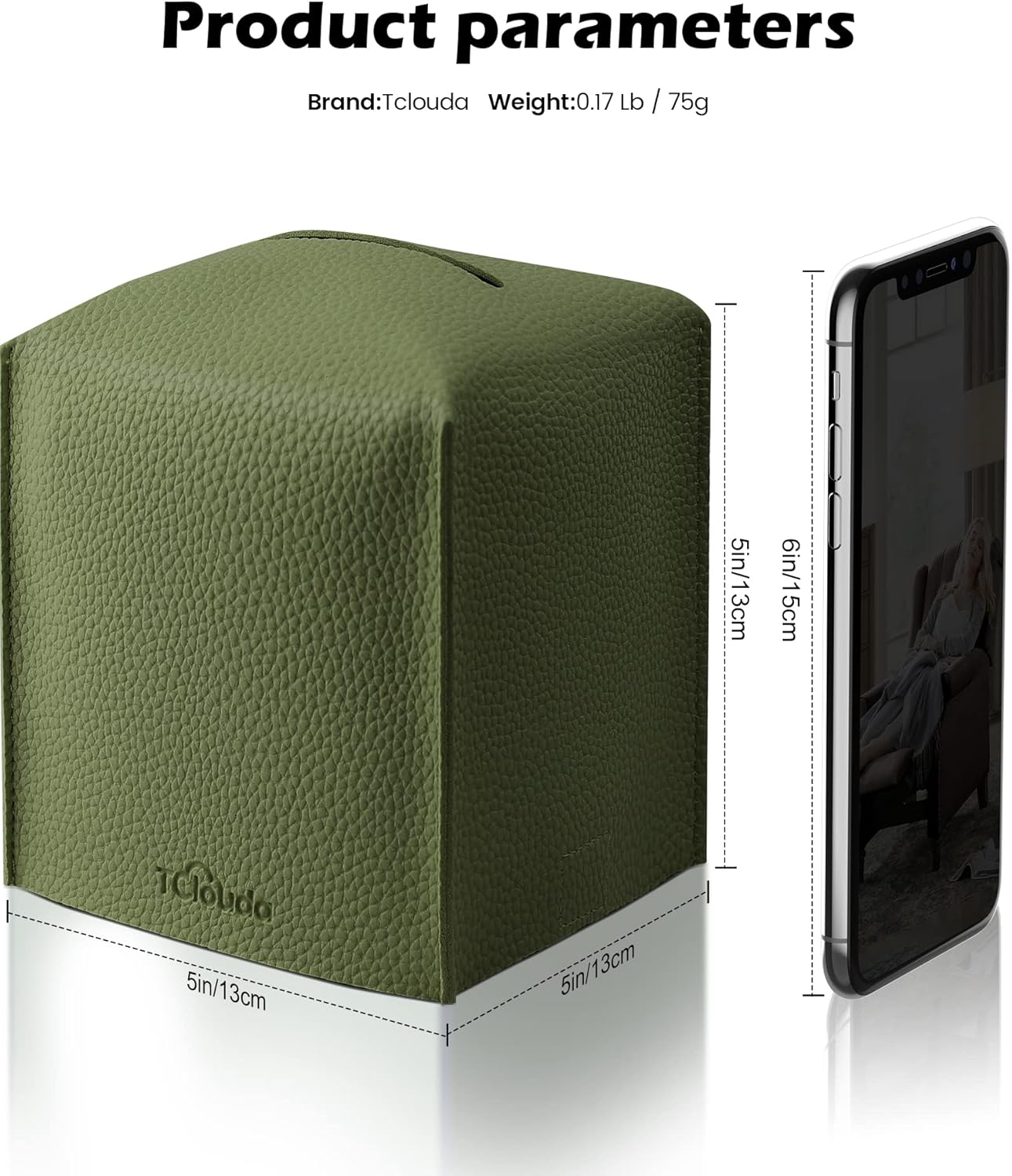 Tissue Box Cover for PU Leather, Modern Simple Solid Color Holder Square Tissue Bag, Ideal for Bathrooms,Office,Car,Nightstand,Outdoor Tent,Dining Table,5"X5"X5", Single Green