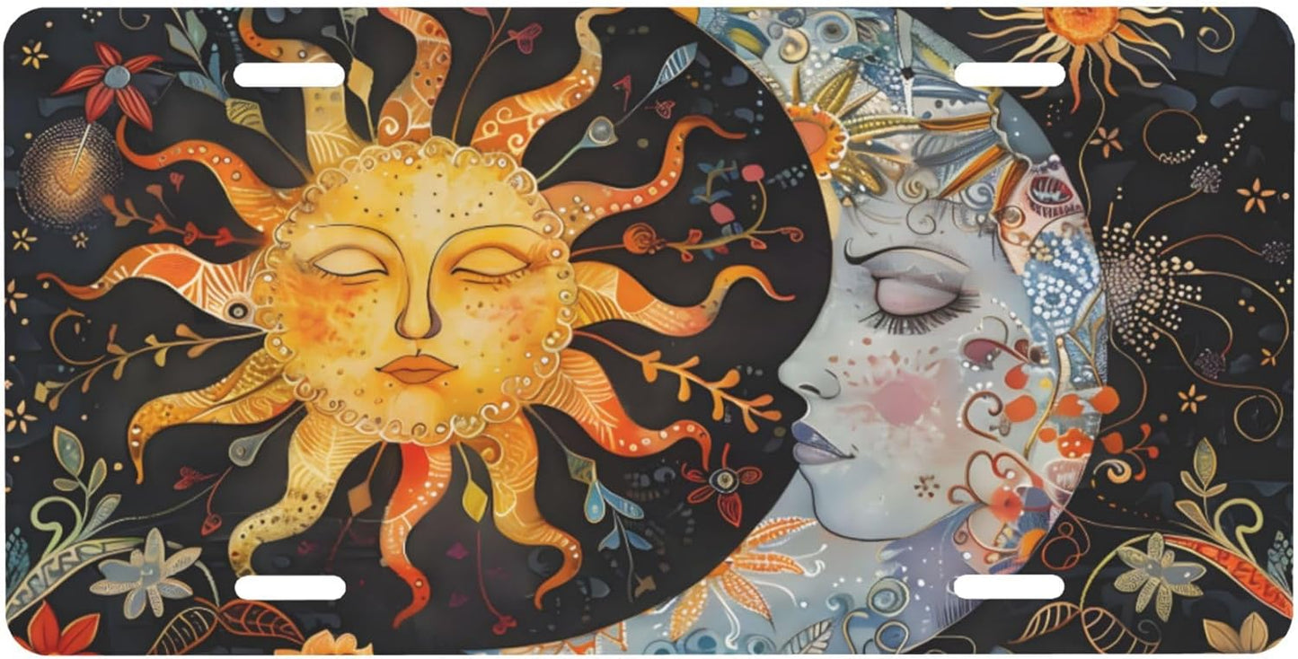 Front License Plate for Car Designs Abstract Sun Moon Flower Stainless License Plate Cover Holder for Men Women Metal Aluminum Decorative Accessory Vanity Tag Standard 6 X 12 Inch (4 Holes)