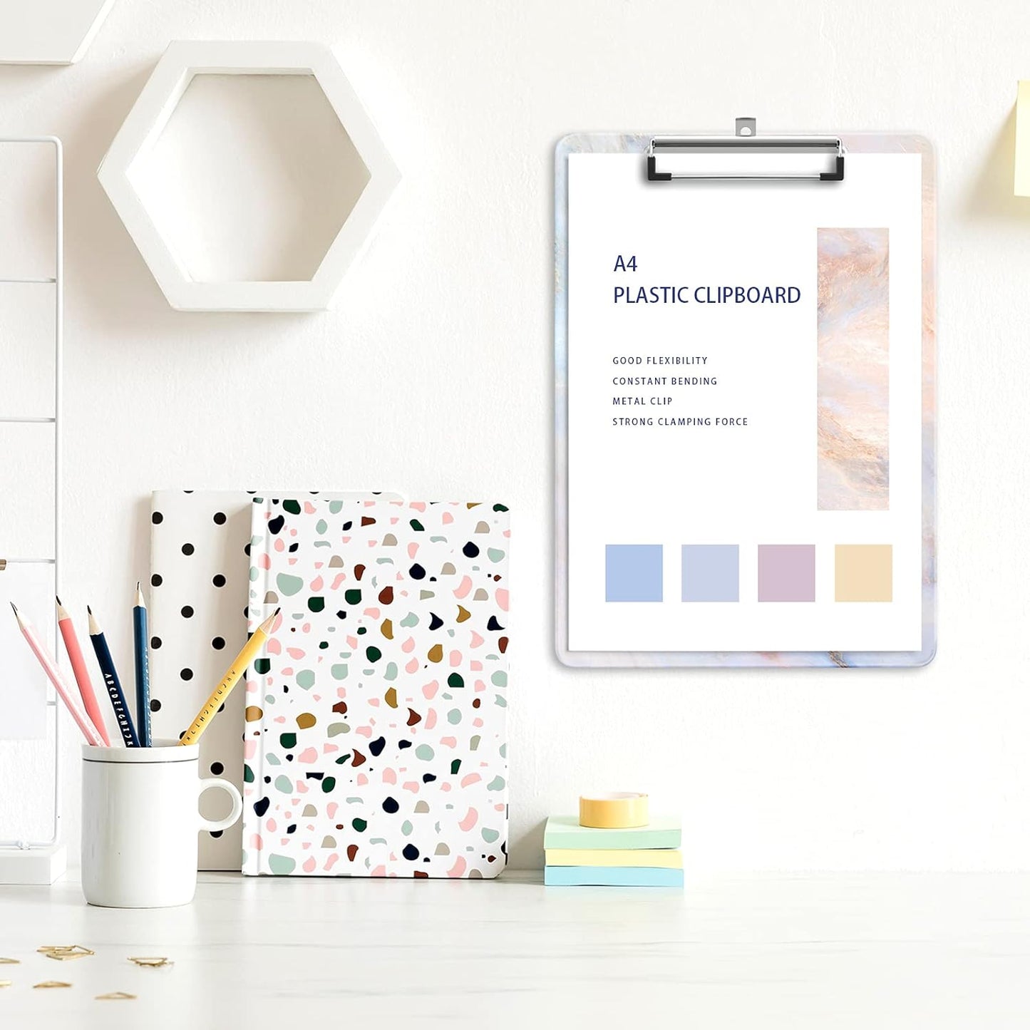 Plastic A4 Clipboards, Cute Clip Board Stardard Letter Size 9 x 12.5 in, Office Decorative for Students Women Men and Kids, Cute Marble