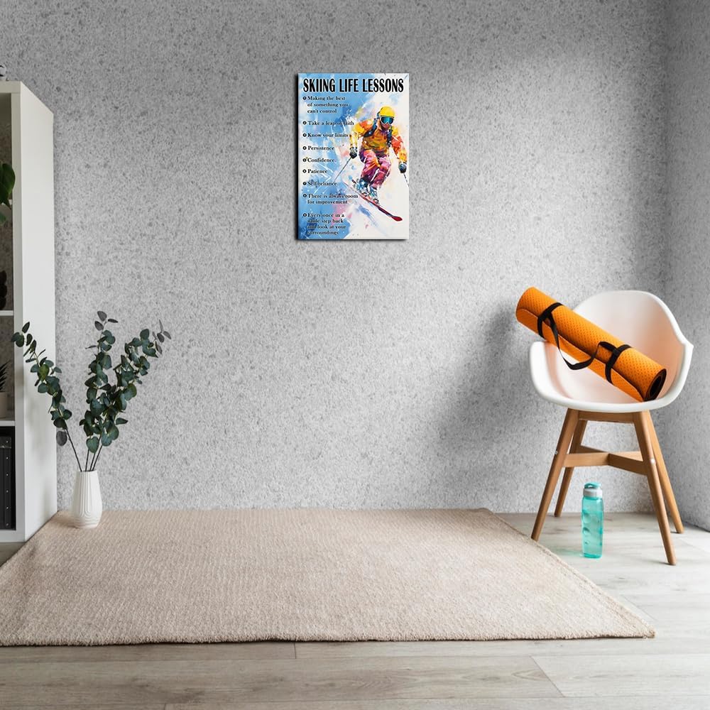 Strofupp Skiing Wall Art Inspirational Sport Quotes Poster Framed Life Lessons Pictures Wall Art Painting Vintage Skiing Poster Artwork 12x18 inches