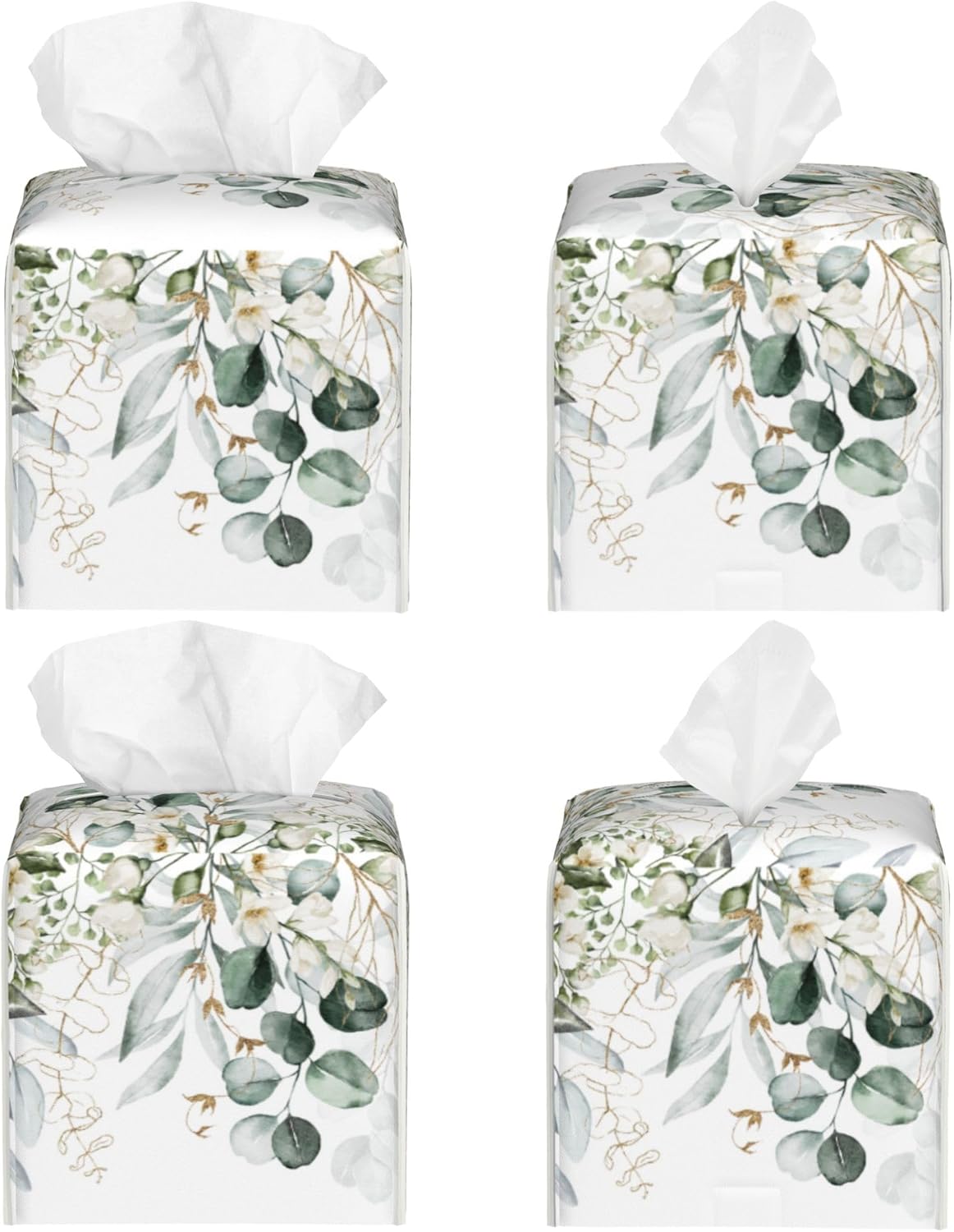 Eucalyptus Leaves and Flowers Tissue Box Cover Square,Watercolor Green Leaves Branches Tissue Box Holder Waterproof Leather Facial Paper Organizer Dispenser for Bathroom Home Car Nightstand Vanity