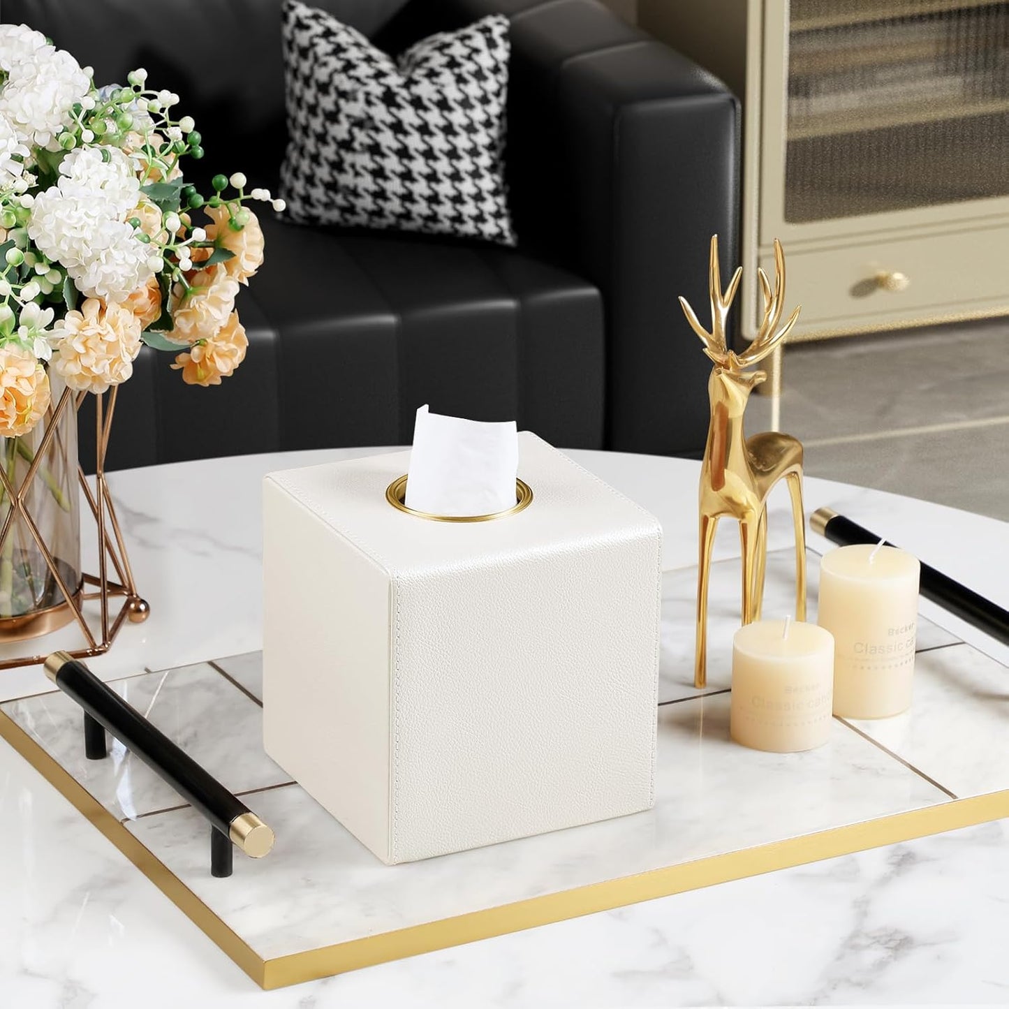 Square Tissue Box Cover, Luxury PU Leather Tissue Holder with Magnetic Closure (Beige)