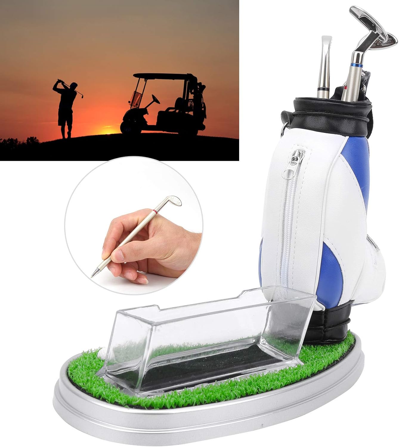Alomejor Office Desk Golf Bag Pencil Holder with Golf Pens Business Card Box Base for Golf Souvenirs Gifts