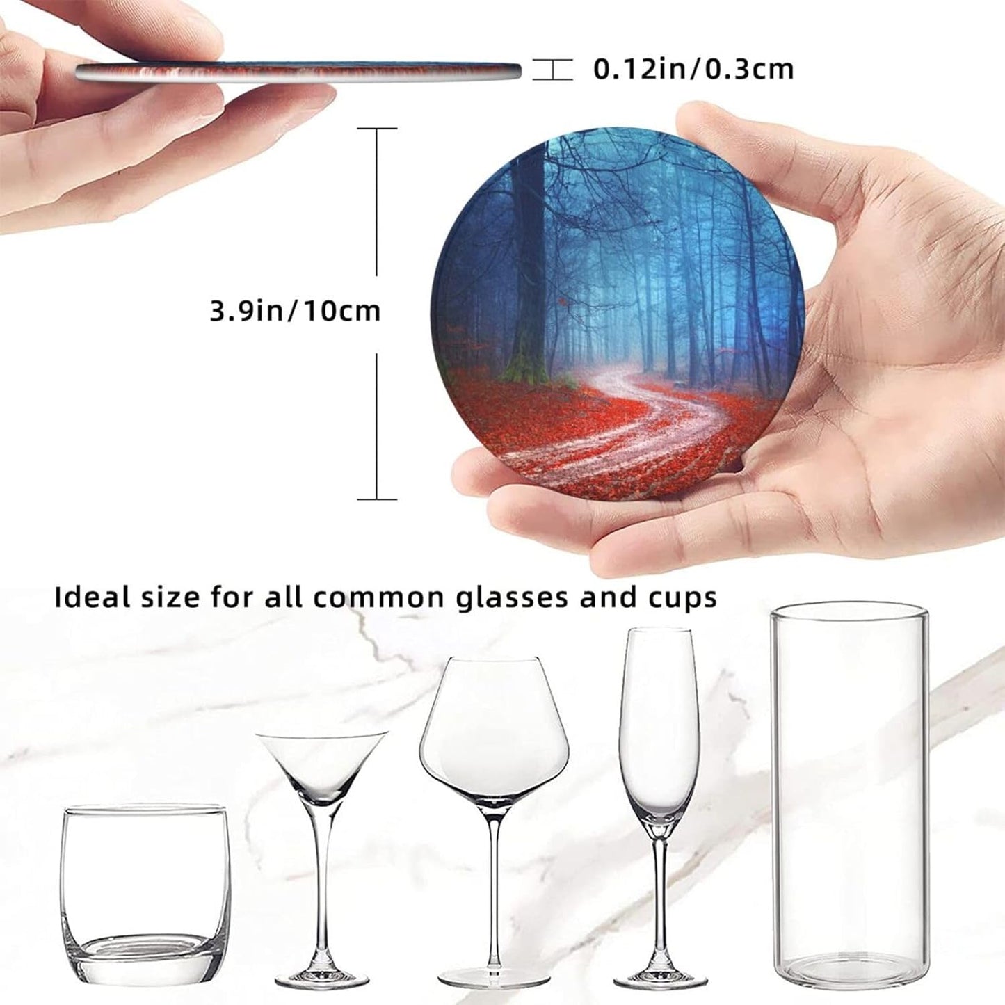 Autumn Forest Misty Road Landscape Coasters for Drinks Round Leather Coaster with Holder Set of 6 for Tabletop Protection Desk Accessories Office Home Room Decor