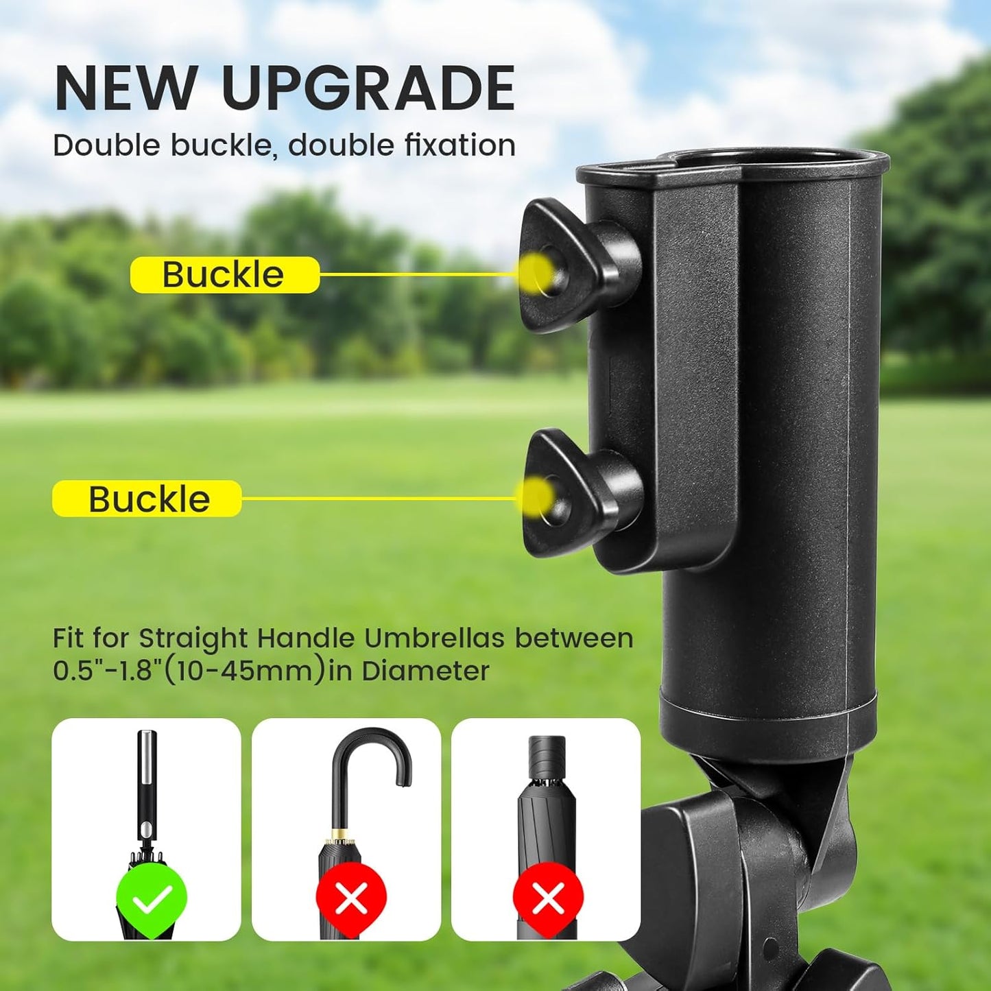 Golf Push Cart Umbrella Holder - Heavy-Duty Umbrella Stand with Double Knob, 180 Degrees Adjustable, Universal Strong Windproof Umbrella Holder for Mobility Scooter/Stroller/Wheelchair/Beach Chair