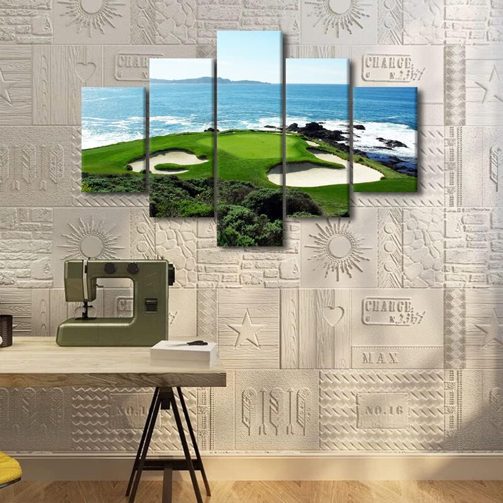 5 Pieces Pebble Beach Golf Course Canvas Wall Art Green Golf Course Home Decor for Living Room Wall Decor Modern Artwork for Home Walls Poster and Prints Stretched and Framed Ready to Hang - 60"Wx40"H