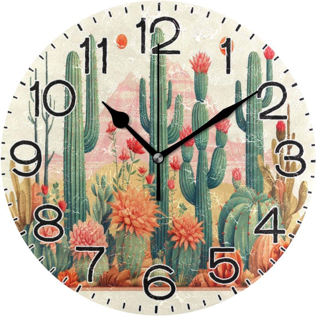 ALAZA Cactus in Desert3 Wall Clock Battery Operated Non Ticking Silent Quartz Analog Rustic Farmhouse Round Clock Retro Decor for Home Kitchen Living Room Bathroom