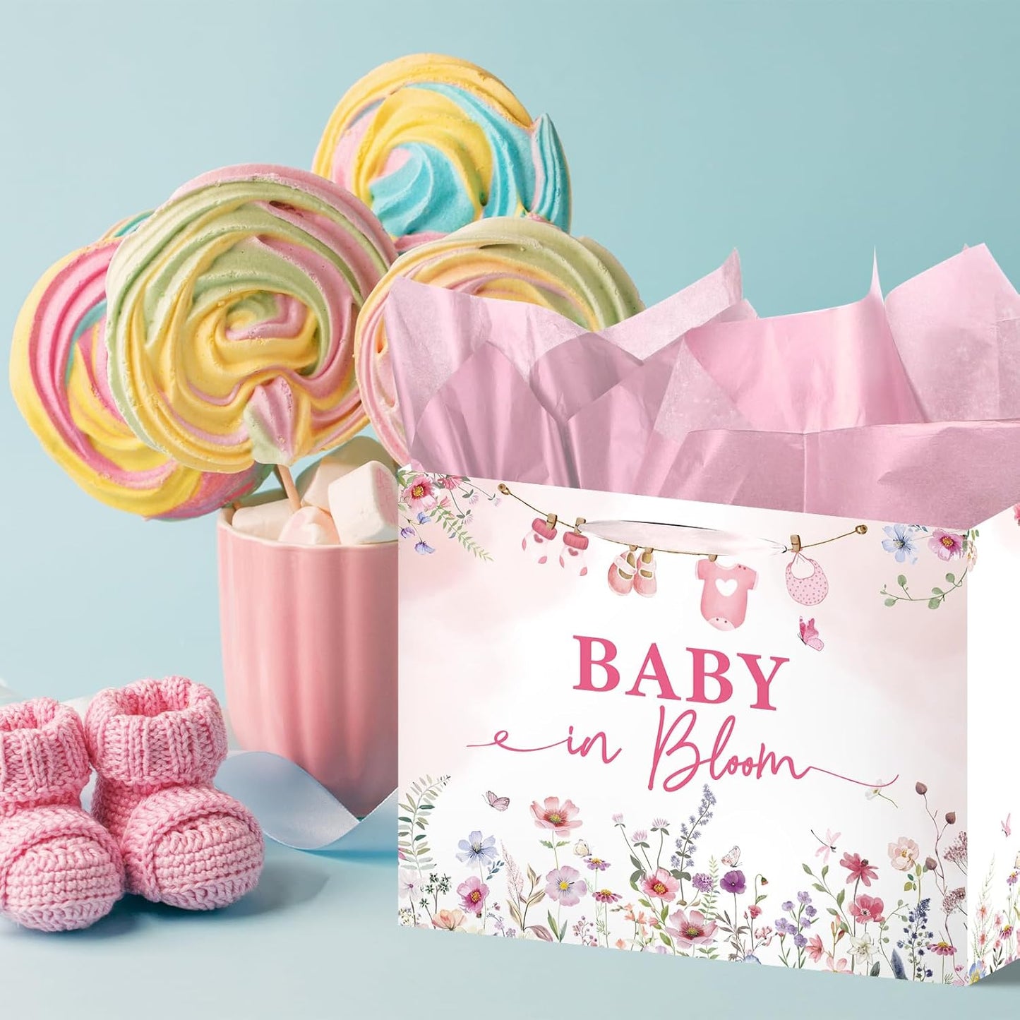 Luvsweets Baby in Bloom Gift Bag - Wildflower Gift Bag with Pink Wrapping Paper Greeting Card for Girl, Gender Reveal Party Decorations, Floral Baby Shower Decor Supplies